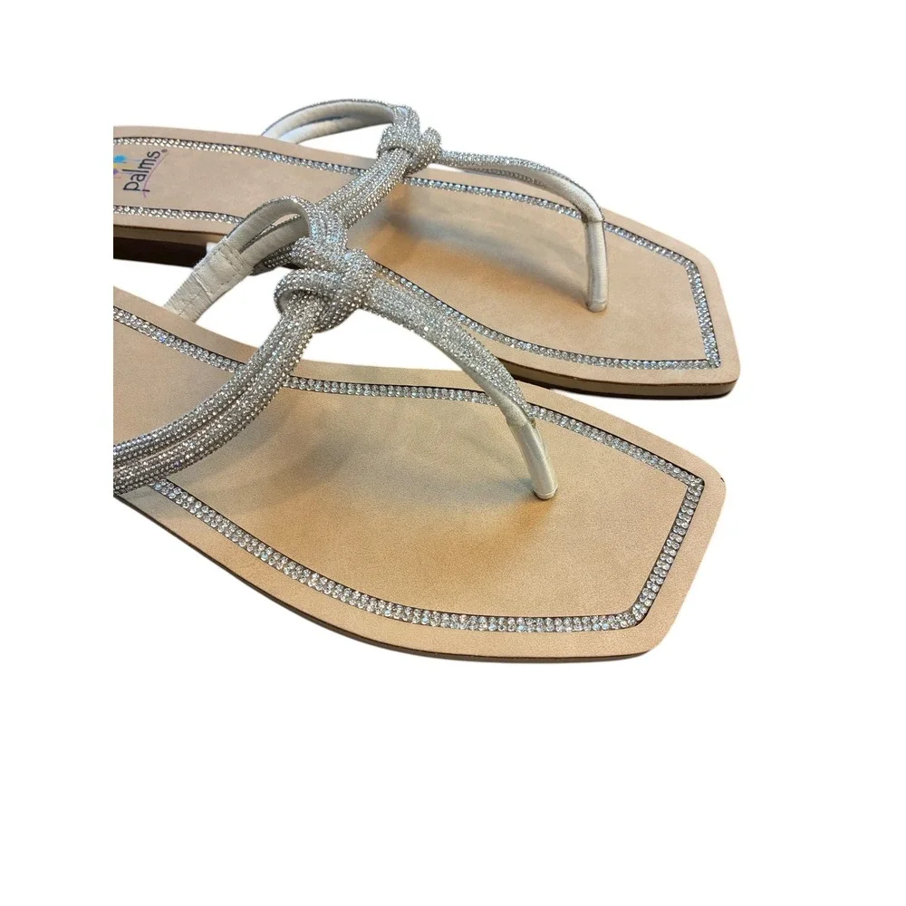 Palms Women Rhinestone Embellished Thong Sandals Square Toe Flat Slip On Shoe 10 - Picture 2 of 6